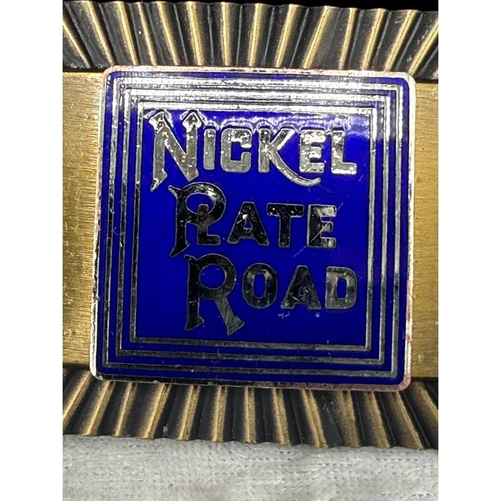 Vintage Nickel Rate‎ Road Gold Tone Buckle Enamel Railroad